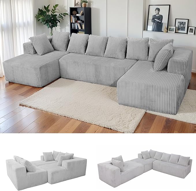 130 Modular Sofa Couch Convertible Sleeper Sofa Corduroy Sectional Sofa for Living Room Modern Cloud Couch with Deep Seat Chaise Comfy Oversize 4-6 Seat No Assembly (Gray)