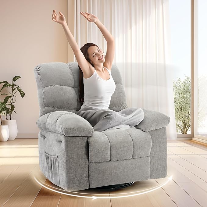 Rocking Recliner Chair 360° Swivel Glider Rocker Chair for Living Room &amp Nursery Upholstered Fabric Single Sofa with Side Pockets Heavy-Duty Steel Frame Lazy Recliner for Small Spaces Gray