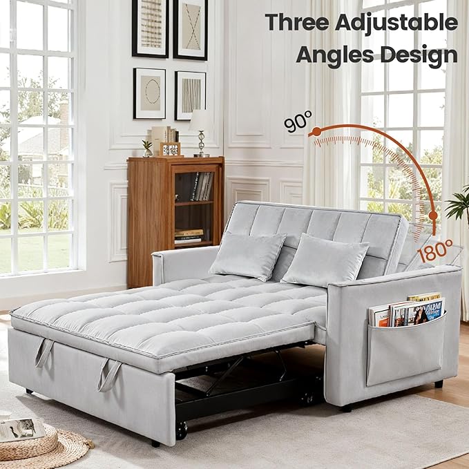 3 in 1 Sofa Bed Love Seat Sleeper Bed with Side Pockets Velvet Fabric Pull Out Couch with Adjustable Backrest for Living Room Bedroom ApartmentGray