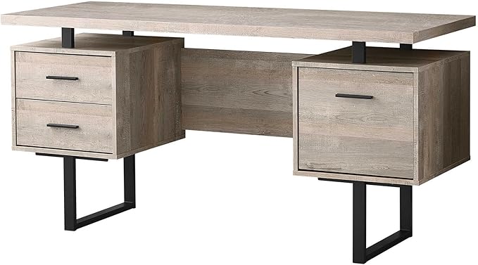 BOWERY HILL Computer Desk 60 L Engineered Wood Taupe Finish 3 Storage Drawers Reversible Design Black Metal Legs Modern Home Office Laptop Desk