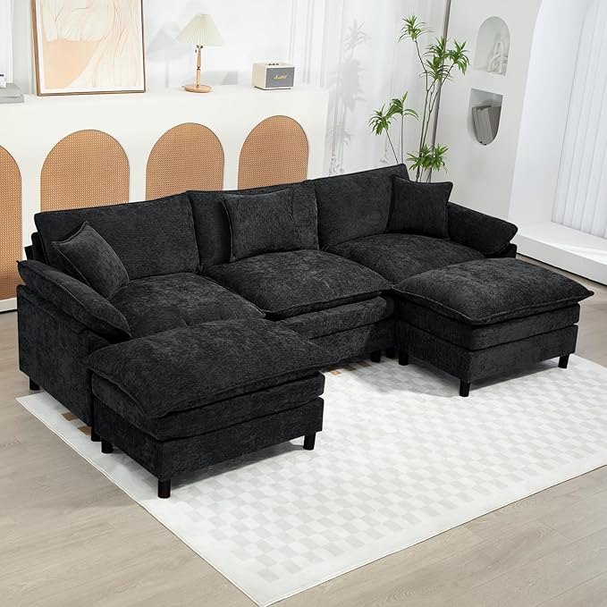 Oversized Modular Sectional Sofa 111.8 Inch U Shaped Cloud Couch Set 3-Seat Comfy Chenille Convertible Sofa with 2 Movable Ottoman DIY Combination Sleeper Couch for Living Room Black