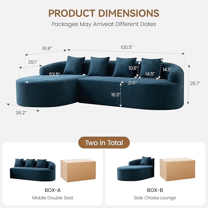 Boneless L Shaped Sofa Couch Oversized Sectional Curved Cloud Sofa with Chaise Lounge Chenille 4 Seats Deep Seat Couches for Living Room No Assembly Blue