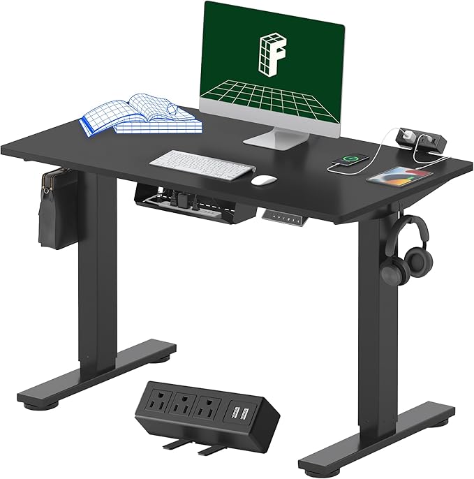 FLEXISPOT EN2 Whole-Piece Standing Desk with Clamp Power Strip 40 x 24'' Electric Stand Up Height Adjustable Desk with Cable Management (Black Frame + 40 Black Top)