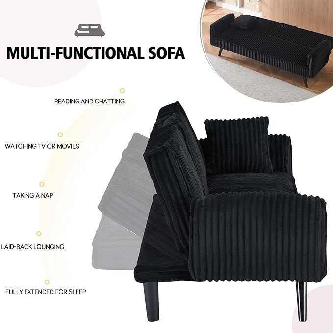 Futon Sofa Bed Modern Folding Couch for Small Space 72'' Corduroy Convertible Loveseat Sleeper Bed Daybed Recliner Lounge Sofas for Living Room2 Cup HoldersMetal LegsRemovable Armrests (Black I)