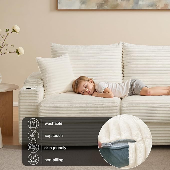 Cloud Sectional Couch L-Shaped Modular Sectional Sofa with Ottoman for Living Room Plush Corduroy Comfy Upholstered Couches with Charging Station Cup Holders &amp Armrest Storage
