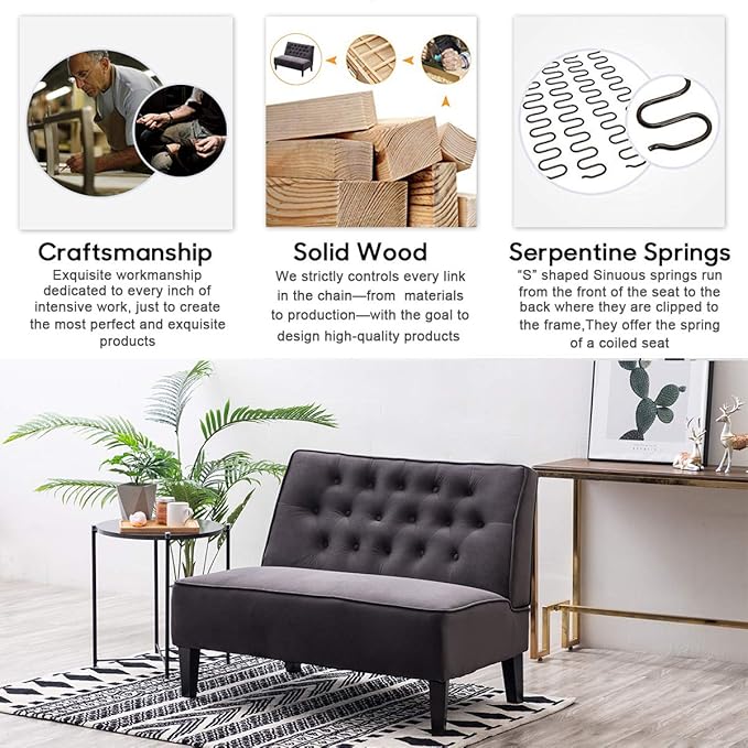 Alunaune Upholstered Loveseat Couch for Living Room Armless Bedroom Settee Small Love Seat Sofa Tufted Button Dining Room Bench - Dark Grey