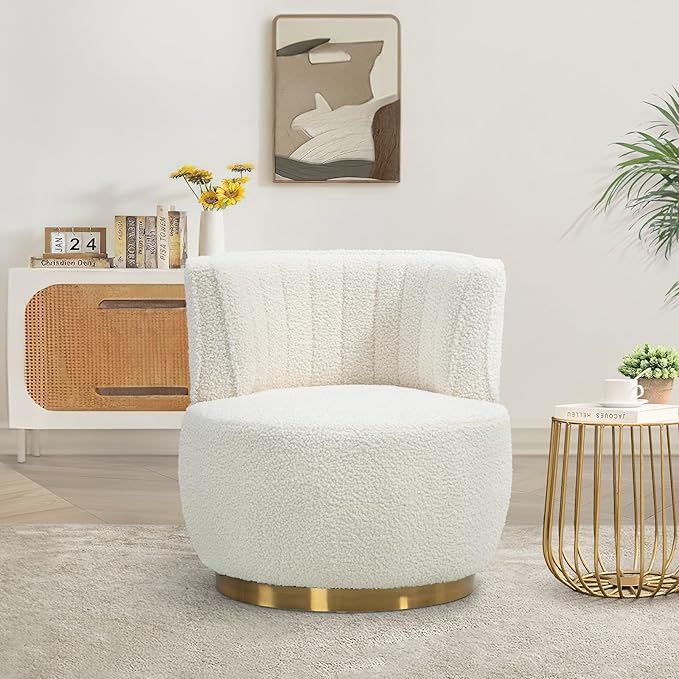 KINFFICT Swivel Barrel Chair Modern Upholstered Accent Chair 360° Swivel Round Lounge Chair with Gold Metal Base Comfy Arm Chair Sherpa Chair for Nursery Living Room Bedroom Club White