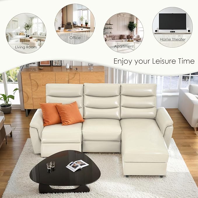 Esright Leather Power Reclining Sofa Set Reclining Sectional Couches with Storage Chaise Adjustable Backrest &amp Footrest L Shaped Pull Out Couch for Living Room Home Theater Apartment RV (Beige)