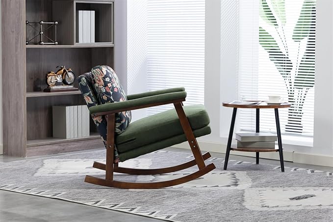 ZeHuoGe Mid Century Modern Accent Chair Rocking Chair with Wood Frame Upholstered Living Room Chairs Reading Armchair for Bedroom Sunroom (Antique Green)