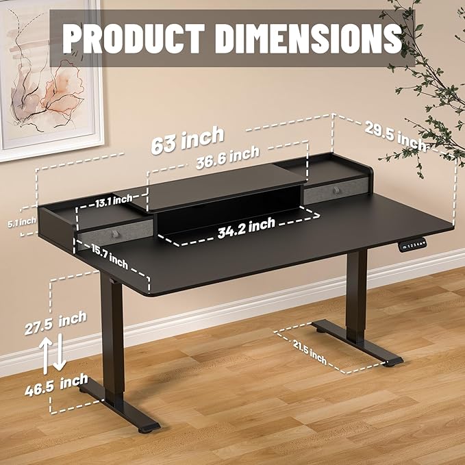 63 x 30 Inch Electric Standing Desk with 2 Drawers Adjustable Height Widened Stand Up Desk with Storage Sit to Stand Ergonomic Workstation for Home Office Classic Black