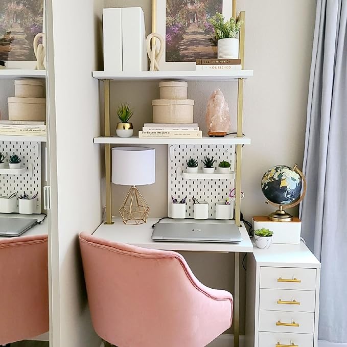 3-Shelf Industrial Wall Mount Ladder Desk Small Computer or Writing Desk Gold and White for Homes Office School Small Spaces (30x20x73)