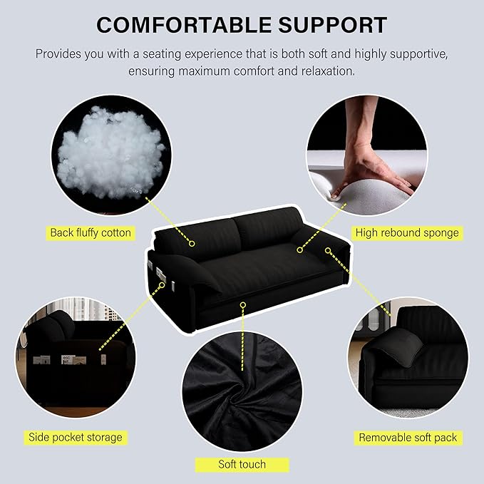 Pull Out Sofa Bed Queen 3 in 1 Convertible Sleeper Sofa Couch with Pullout Bed Comfy Futon Sofa cama moderno Velvet Recliner Loveseat for Living Room Apartment Small Space 66 Black