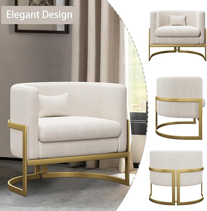 Alunaune Upholstered Velvet Accent Chair Barrel Chairs Modern Living Room Armchair Mid Century Lounge Chairs Sofa Tub Bucket Club Chair for Bedroom-Ivory