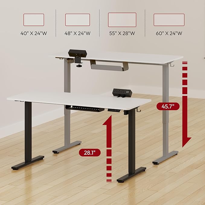 SANODESK Electric Standing Desk with Desk Clamp Power Strip 60x 24 Whole-Piece Desktop Height Adjustable Stand Up Desk with Cable Management Sit Stand Home Office Desk Silver Frame/White Top