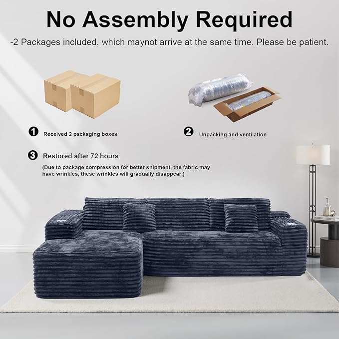 2026 New Cloud Sectional Couch with L-Shape Chaise Built-in Cup Holder &amp Storage Pocket Boneless Couch for Living Room Bedroom No Assembly Required (Dark Grey Right Facing Chaise)