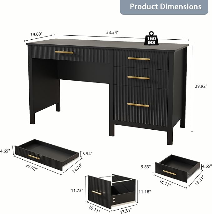 Black Computer Desk with Storage: 54 Wooden Executive Office Desk with 4 Drawers Home Office Desks with File Drawers Fluted Writing Desks for Study Living Room