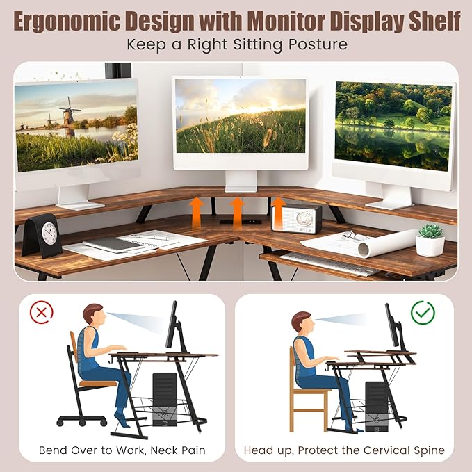 Giantex L Shaped Computer Desk with Power Outlet 51 Corner Computer Desk with Monitor Stand and Reversible Keyboard Tray Modern Gaming Desk with Hook Home Office Desk Workstation (Rustic Brown)