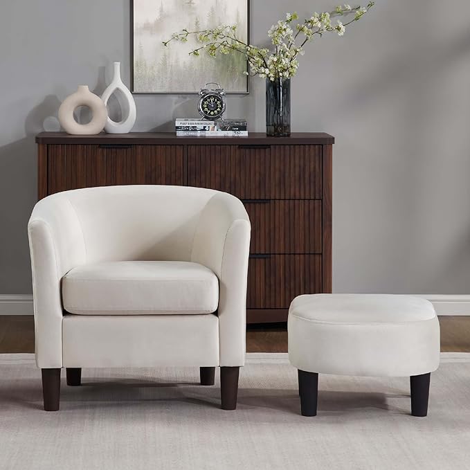 Green Swivel Accent Chair with Ottoman 360° Barrel Chairs with Foot Stool Comfy Reading Chair with Removable Pillow &amp 2 Armrest Covers for Living Room Small Spaces Bedroom (White Chenille)