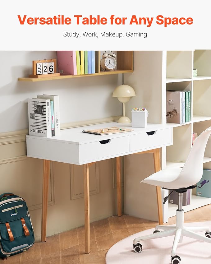 VEVOR Small Desk with Drawers Kids Desk for Bedroom Wooden Simple Study Table for Drawing Reading Writing Rectangle MDF Furniture Study Storage Table for Home Office White + Wood