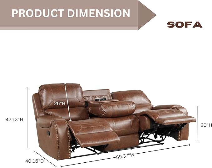 Roundhill Furniture Achern Leather Air Nail head Manual Reclining Sofa with Storage Console Brown