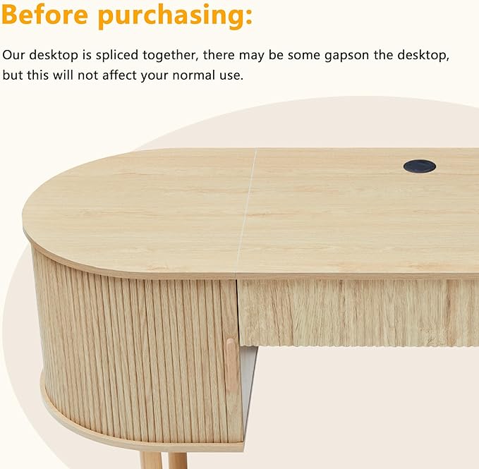 ORRD Home Office Oval Desk with Sliding Tambour Door and Drawer Modern Fluted Wood Executive Computer Storage Desk for Study Living Room Bedroom Office - Natural