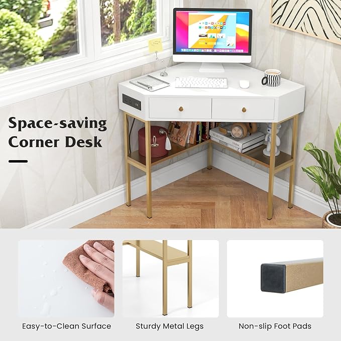 Corner Desk with Charging Station 90° Triangle Desk w/ 2 Drawers Storage Shelves Corner Vanity Table for Bedroom Compact Computer Desk for Small Space