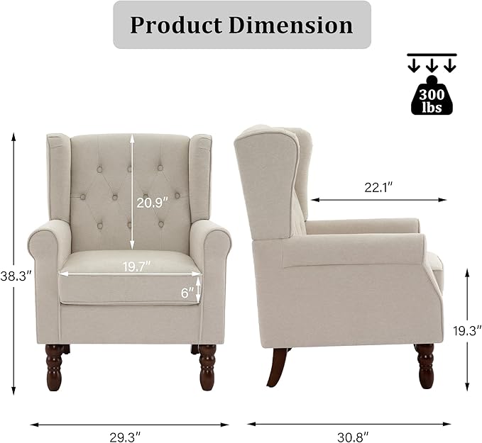 High Back Accent Chairs Set of 2 High Wingback Chair for Living Room Button-Tufted Upholstered Fabric Armchair with Solid Wood Legs Comfy Single Sofa Reading Chair for Bedroom Beige