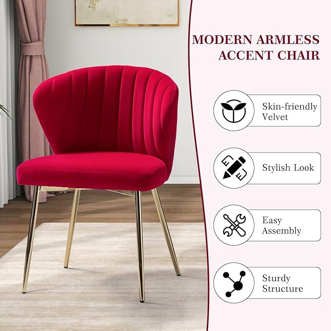 HULALA HOME Velvet Dining Chair Cute Armless Accent Chair Living Room Chair with Golden Legs Mid Century Modern Upholstered Side Chair for Kitchen Vanity RED