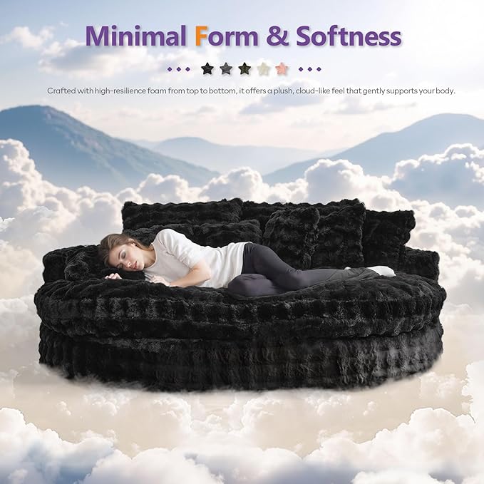 TYBOATLE 83’’ Oversized Round Chaise Lounge Chair Indoor w/Deep Seat Round Memory Foam Couch Comfy Fluffy Plush Chaise Lounge Indoor w/Double Cushion Circle Bed for Livingroom (Black)