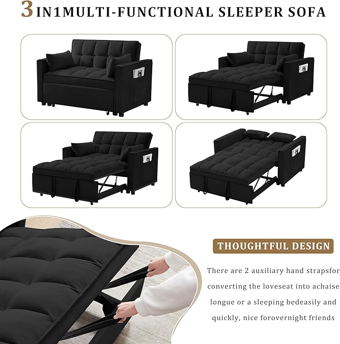 53.5 3-in-1 Convertible Sofa Bed Loveseat Couch With Pull-Out Bed Side Pockets And Adjustable Backrest Suitable For Living Rooms Apt And Offices Velvet Fabric Recliner SofaS Bed (black 53.5)