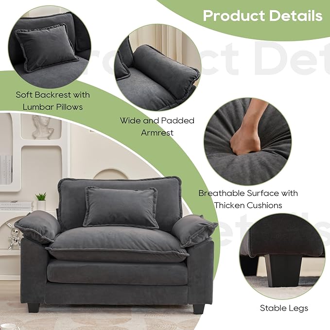 53 Comfy Cloud Sofa Couch with Throw Pillows Upholstered Deep Seat Cozy Sofa Chair Modern Single Seat Modular Sectional Sofa for Living Room