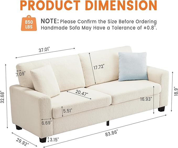 GAOMON 83 Couch for Living Room Comfy Sofa with Deep Seat Modern Sofa with Wide Armrest Removable Cover Teddy Fleece 3 Seater Couch for Bedroom Small Space Apartment Home Office