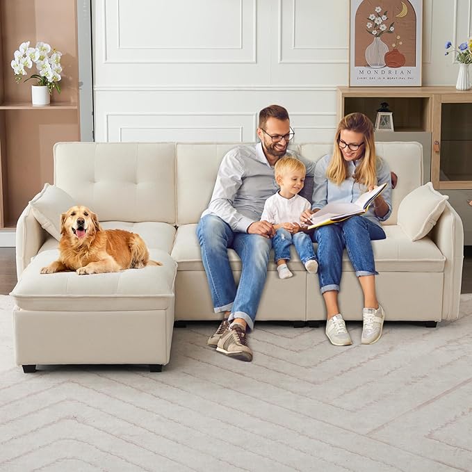 98 L Shaped Couch Modular Sectional Sofa Comfy Cloud Couch with Movable Ottoman 3 Seater Chenille Sleeper Deep Seat Sofa with Throw Pillows for Living Room Office (Beige 3-seat)
