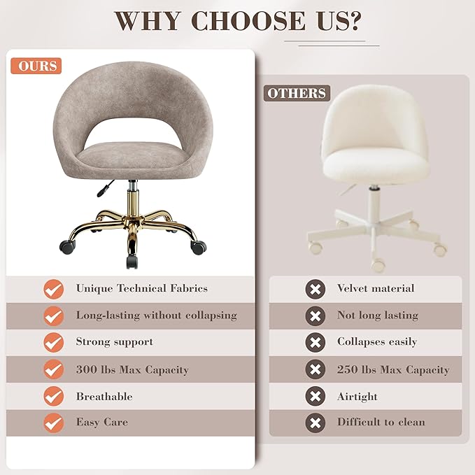 Vanity Chair with Wheels Waterproof Modern Makeup Vanity Chairs with Back Adjustable Height Comfy Cute Home Office Desk Chairs for Bedroom Living Room (Khaki)