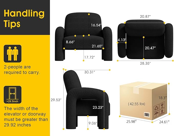 Modern Sherpa Accent Chair Teddy Upholstered Arm Single Sofa Cozy Fluffy Reading Chair for Living Room Bedrooms Corner (Black)