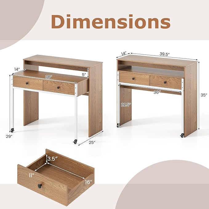 Tangkula Extendable Computer Desk with 2 Drawers Small Writing Desk with Pull Out Secondary Desk Console Table Wood Study Workstation Laptop Desk for Small Space Home &amp Office (Natural)