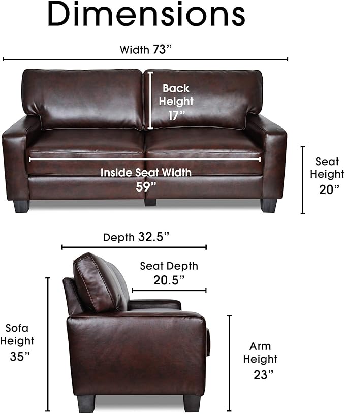 Serta Palisades 73 Track Arm Sofa Durable Bonded Leather Soft Pillow Back Pocket Coil Seat Cushions Loveseat or Couch for Small Spaces Living Rooms or Bedrooms Chestnut Brown