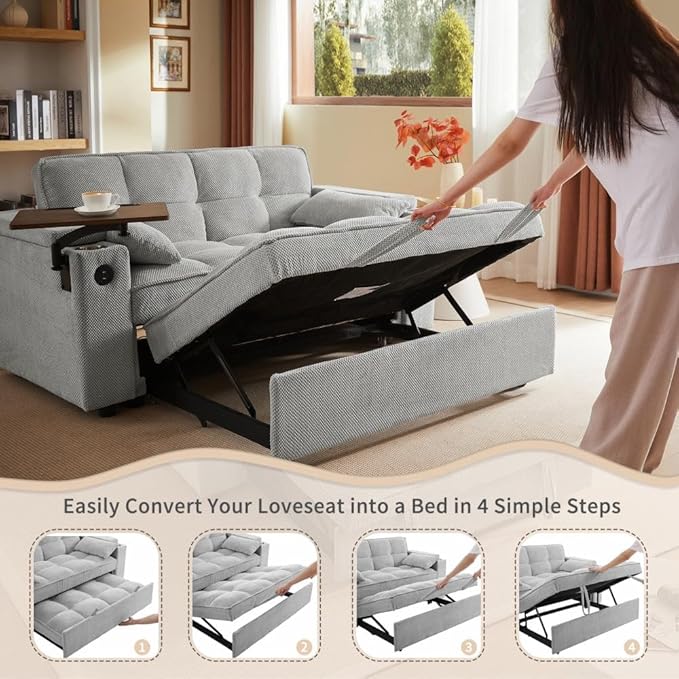  Large Size Convertible Sleeper Sofa BedPolka dot Velvet Pull Out Futon Couch with Storage handrails &amp Rotating Side TablesConvertible Sofa Couch for Living RoomRV (Light Gray)