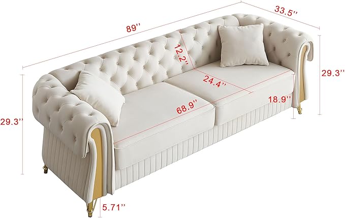 89 Sofa Couch Tufted Velvet Chesterfield Sofa Modern 3 Seat Sectional Couch with 2 Toss Pillows for Living Room Beige