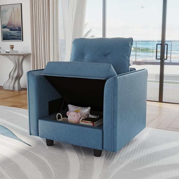 LLappuil Modern Faux Leather Fabric Modular Sectional Armchair with Storage Seat Club Chair Arm Accent Chair for Apartment Bedroom Navy Blue