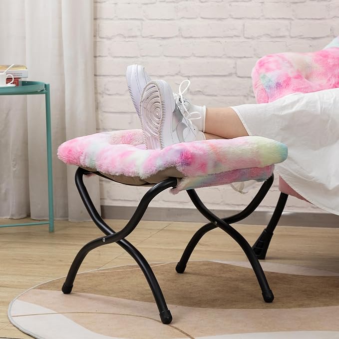 HollyHOME Lazy Chair with Foldable Ottoman Accent Comfy Lounge Armchair and Folding Footrest Stool Leisure Sofa Reading Chair and Footstool for Living Room Bedroom DormFaux Fur Rainbow