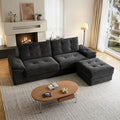109.5 Loveseat Sofa with Ottoman Corduroy L Shape 3 Seater Couch Modular Sectional Couch for Living Room Small Spaces Apartment No Assembly Required Black