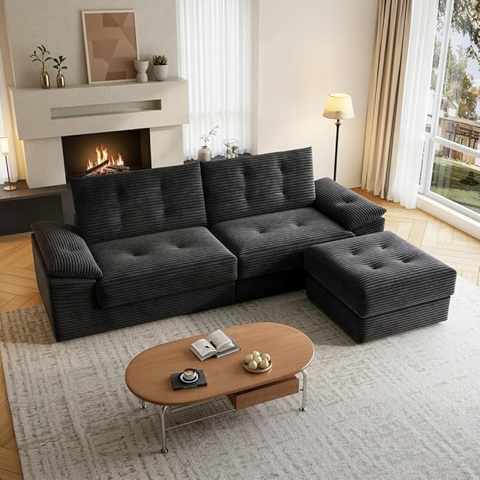 109.5 Loveseat Sofa with Ottoman Corduroy L Shape 3 Seater Couch Modular Sectional Couch for Living Room Small Spaces Apartment No Assembly Required Black
