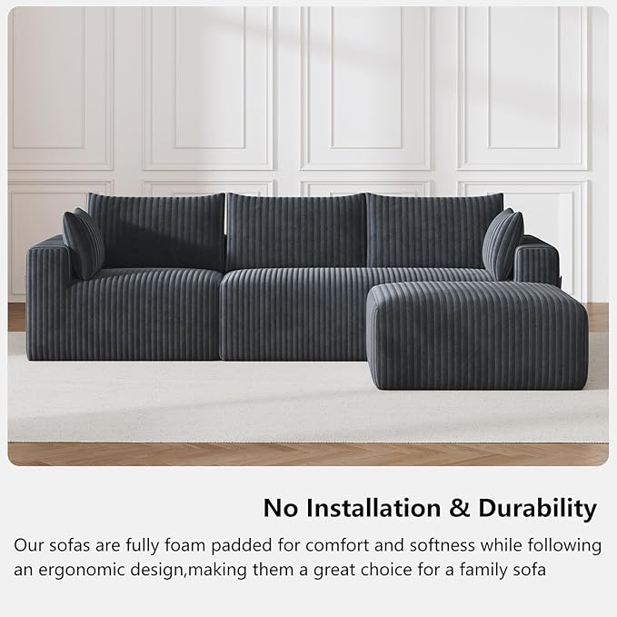 108 Boneless Couch Modular Sectional Couches for Living Room L Shaped Deep Seat Chaise with Side Pockets No Assembly Required Plush Corduroy Fabric Sleeper Sofa for Apartments Dark Grey