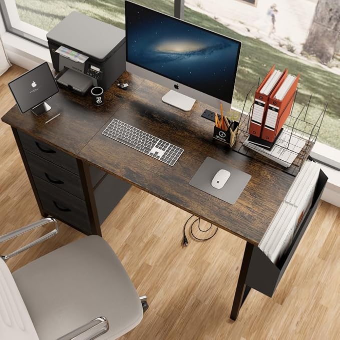 Office Desk with Power Outlet3drawers and Side Pocket Easy to AssembleFrame Stability Reversible for Home Office StudyRustic Brown