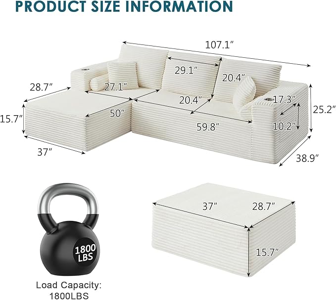107 U Shaped Boneless Couch with Ottoman Cloud Modular Sectional Sofa with Cup Holders and Pillows Corduroy Upholstered Couches for Living Room Couch with Chaise No Assembly Cream | Modular Desig