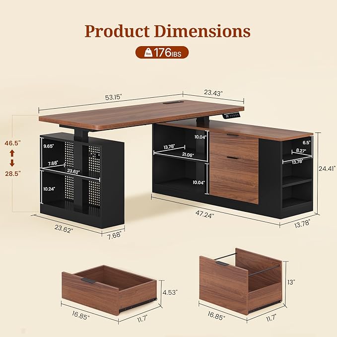 L Shaped Standing Desk Adjustable Height 53 Electric Office Desk with File Drawers &amp Storage Shelves Sit Stand Corner Computer Desk with Power Outlets Pegboard 6 Hooks Black &amp Walnut