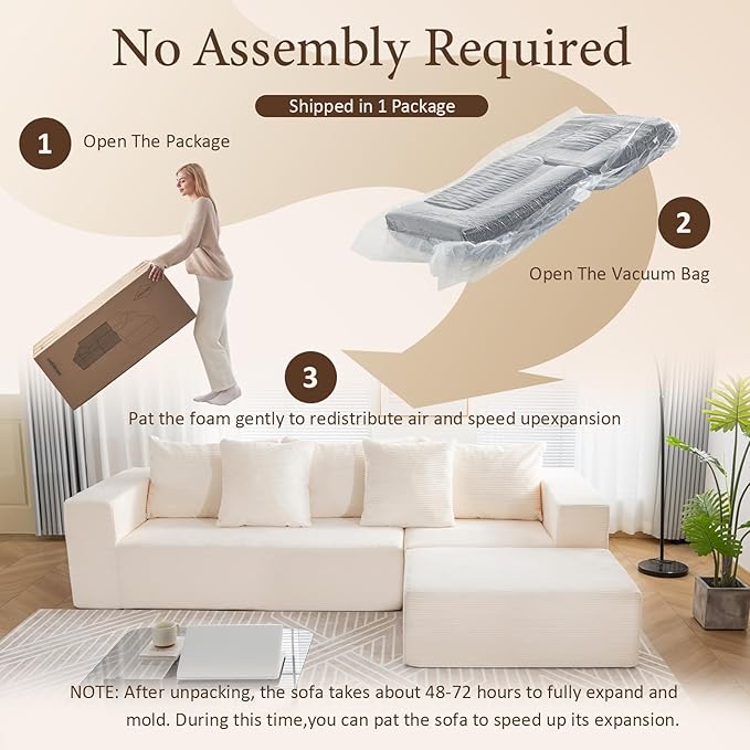 INGEROOM 108 Cloud Sectional Couch with L-Shape Chaise Modular Sofa Memory Foam Boneless Sofa with Movable Ottoman Upholstered Couches for Living Room Bedroom No Assembly Required Beige