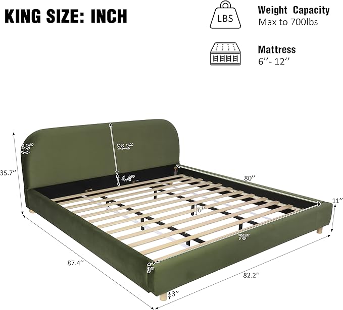 Merax King Size Teddy Fleece Thick Fabric Upholstered Platform Bed with Curved Shaped Headboard Wood Bed Frame with Solid Round Legs for Kids Teens Adults Olive Green