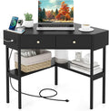 Giantex Corner Desk with Charging Station 90 Degree Triangle Computer Desk with 2 Drawers &amp Storage Shelf L-Shaped Writing Desk Makeup Vanity Table Compact Corner Desk for Small Spaces (Black)